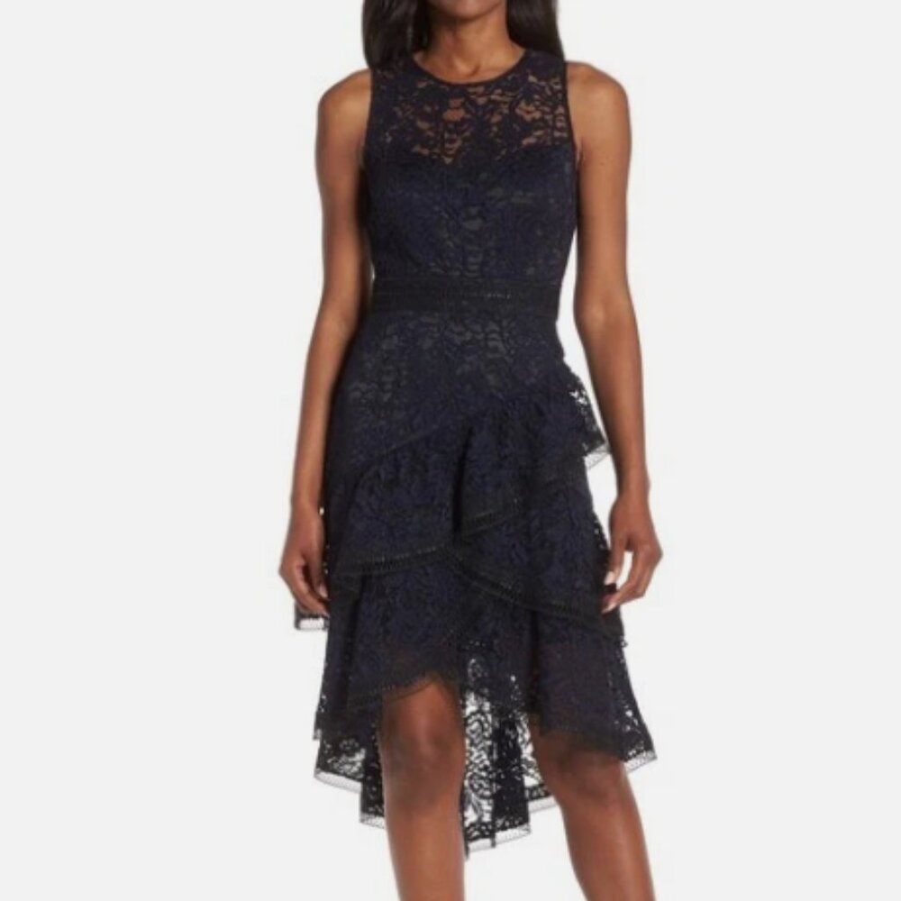 Eliza J Women's Lace Asymmetrical Tiered Dress Size 4 Navy Blue
